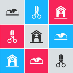 Sticker - Set Pet bed, Scissors hairdresser and Dog house and paw print icon. Vector.