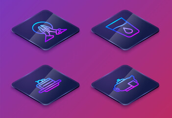 Sticker - Set Isometric line Meditation, Cake, Glass with water and Teapot cup. Blue square button. Vector.