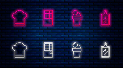 Sticker - Set line Chocolate bar, Ice cream, Chef hat and Cutting board. Glowing neon icon on brick wall. Vector.