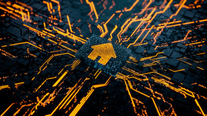 Internet Technology Concept with home symbol on a Microchip. Data flows from the CPU across a Futuristic Motherboard. 3D render.