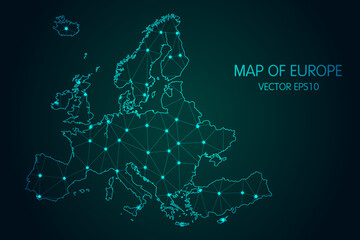 Wall Mural - Map of Europe - With glowing point and lines scales on The dark gradient background, 3D mesh polygonal network connections.Vector illustration Eps 10.
