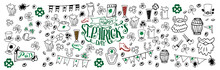 Set Of Traditional St. Patrick's Day Symbols.Vector Collection Of Flag Icons, Beer Mugs, Clover, Pub Decorations, Leprechaun Hats Isolated On White Background. Horizontal Illustration In Doodle Style.