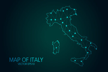 Map of Italy - With glowing point and lines scales on the dark gradient background, 3D mesh polygonal network connections.Vector illustration eps 10.