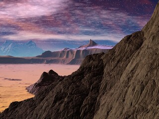 Wall Mural - Illustration of a beautiful and inspirational pink sunrise mountain landscape 