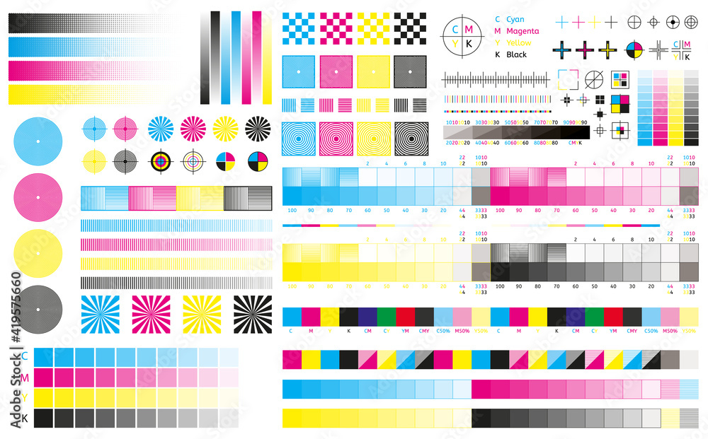 Printing cmyk marks. Offset print calibration marks, gradient color tone, color bars and registration plates. Color printing standard vector illustration set. Publishing graphic symbol utilities - obrazy, fototapety, plakaty 