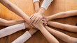 © paulaphoto - Multicultural stack of children hands together. Close up united hands. Education synergy knowledge concept banner