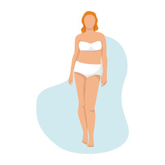 Wall Mural - Woman posing in white underwear, woman with apple-shaped body. Body positive, woman in lingerie, female body type apple. For the design of lingerie and swimwear, bathing suits.