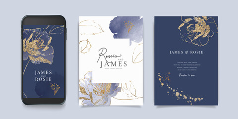 Wall Mural - Luxury blue Social Media, mobile Wedding invite frame templates. Vector background. Invitation mobile Floral with golden collage layout design.