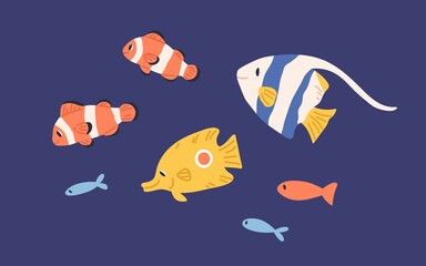 Wall Mural - Set of small bright marine fishes. Collection of sea and ocean underwater fauna. Childish colored flat cartoon vector illustration of tropical underwater creatures