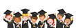 Graduate children group. Portrait of Characters of international child. Graduation boys and little girls is jumping. Child graduate wearing a mortarboard. Diploma graduating little for kid.