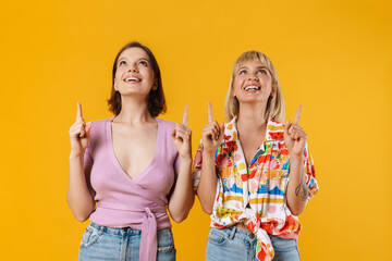 Poster - Portrait of two cheerful lovely girlfriends standing