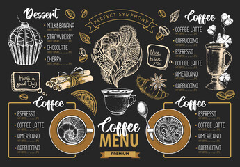 Restaurant Coffee menu design. Decorative sketch of cup of coffee or tea. Dessert menu