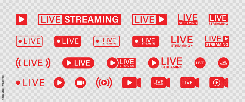Live streaming set red icons. Play button icon vector - obrazy, fototapety, plakaty 