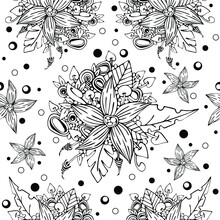 Seamless Floral Background Pattern, Black On White Vector Monochrome Doodle Hand Drawn Stock Illustration