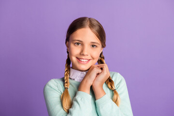 Sticker - Photo portrait of cute thankful girl isolated on vivid purple colored background