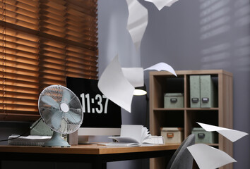 Poster - Modern electric fan and flying paper in office