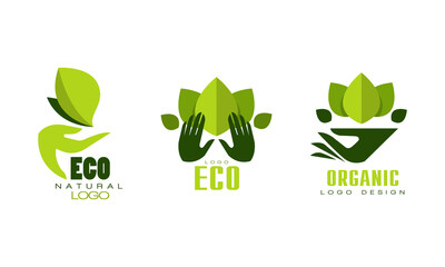 Canvas Print - Eco Natural Logo Templates Set. Organic, Bio Food, Products Badges with Set with Green Leaves Flat Vector Illustration