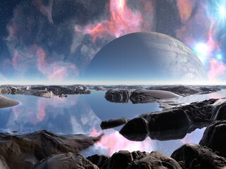 Poster - Illustration of a beautiful and inspirational science fiction landscape with a moon, mountains, and water