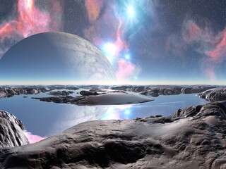 Poster - Illustration of a beautiful and inspirational science fiction landscape with a moon, mountains, and water