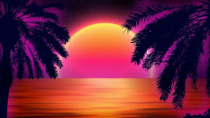 Wall Mural - trendy retro 80s background. sunset with palms on wavy ocean retro template.