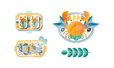 Sticker - Various Seafood Dishes Set, Crab, Baked Fish, Caviar Sandwiches Flat Vector Illustration