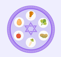 Wall Mural - Seder plate of food, flat style. Jewish holiday of Passover. Isolated on white background. Vector illustration