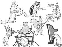 Animals Playing Musical Instruments Set, Musician Animals Cartoon Characters. Sketch Scratch Board Imitation.