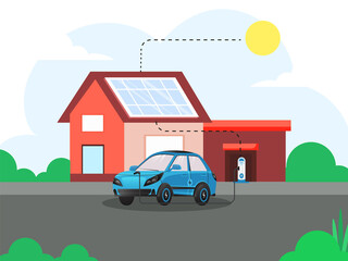 Canvas Print - 3D Rendering Electric Car Charging At Station With Solar House And Sunshine For Electromobility Concept.