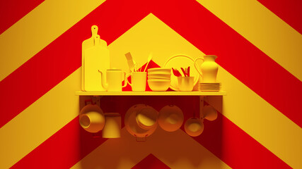 Yellow Red Kitchenware Shelves with Various Pots an Pans with Yellow an Red Chevron Background 3d illustration render