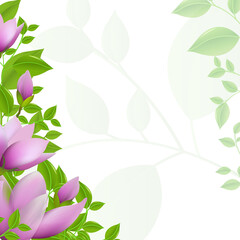 Wall Mural - Green Background With Leaves And Magnolia, Vector Illustration