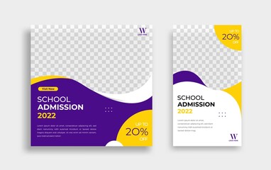 school admission editable minimal square banner template. yellow purple white background color with 