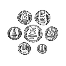 Set Of Metal Coins, Money, Symbol Of Wealth, Numismatic Hobby, Vector Illustration With Black Ink Contour Lines Isolated On A White Background In A Doodle And Hand Drawn Style