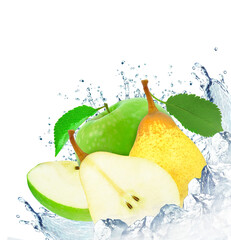 Wall Mural - apple, pear water splash and ice cubes isolated on white