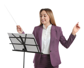 Music teacher with baton and note stand on white background