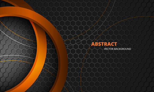 Futuristic dark gray and orange abstract vector background with hexagon carbon fiber. Dark abstract background with honeycomb grid and orange 3d circles. Modern trendy sporty gaming banner.