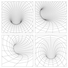 Grid wormhole wireframe tunnel. 3d gravity quantum, vector wormhole illustration. Singularity abstract black hole vortex concept 3d illustration. EPS 10.