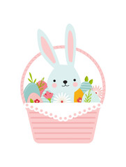 Poster - Happy Easter. Greeting card or a posters with easter basket, bunny, spring flowers and Easter egg. Egg hunt poster template. Spring background. vector illustration