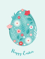 Poster - Happy Easter. Greeting cards or posters with spring flowers and Easter egg. Egg hunt poster template. Spring background. vector illustration