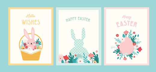 Poster - Happy Easter. Greeting cards or posters with bunny, spring flowers and Easter egg. Egg hunt poster template. Spring background. vector illustration