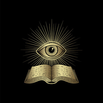 Ancient book and eye, one eye or third eye with engraving, luxury theme for tarot reader, card and poster
