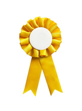 Yellow Rosette Ribbon With A Blank Copy Space, Isolated On A White Background.