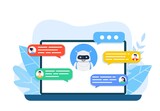 Fototapeta  - Chatbot robot concept. Dialog help service. User and bot speech messages. people chatting with cute smiling robot. Dialog with bot. Vector illustration in flat style