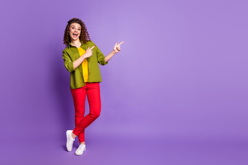 Sticker - Full body photo of crazy amazed girl promoter point index finger copyspace present incredible adverts promo wear style stylish outfit shoes isolated over purple color background