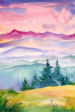 Mountains, Watercolor Landscape, Hand Drawing