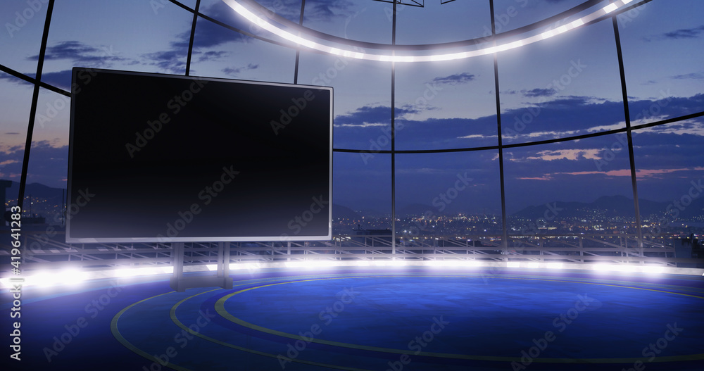 Industrial TV show studio backdrop with empty screen. Ideal for virtual tracking system sets, with green screen. (3D rendering) - obrazy, fototapety, plakaty 