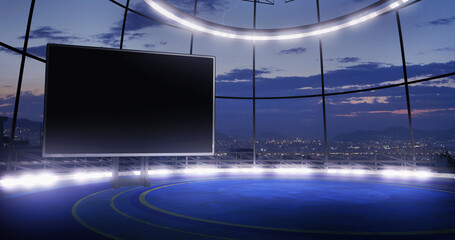 industrial tv show studio backdrop with empty screen. ideal for virtual tracking system sets, with g