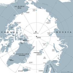 arctic region, gray political map. polar region around north pole of earth. the arctic ocean region,