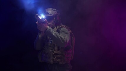 Wall Mural - US Special forces soldier aiming with rifle at night in darkness