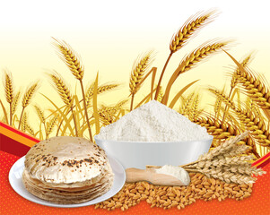 Rustic shot of chapati flatbreads surrounded by ingredients on background of agricultural field