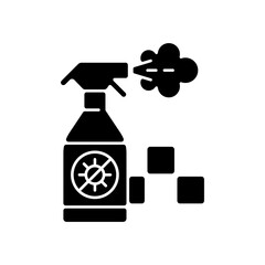 Poster - Regularly disinfected cab black glyph icon. Ensuring the safety of passengers. Sanitizer bottle. City trasport. Taxi safe service. Silhouette symbol on white space. Vector isolated illustration